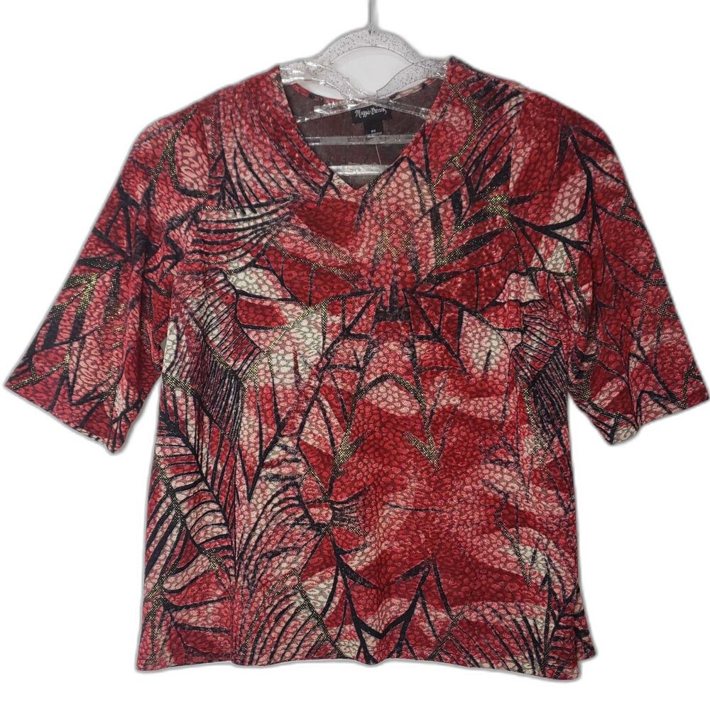 MAGGIE BARNES Red Black Leaves Print Blouse 3/4 Sleeve Top Blouse Plus Size OX